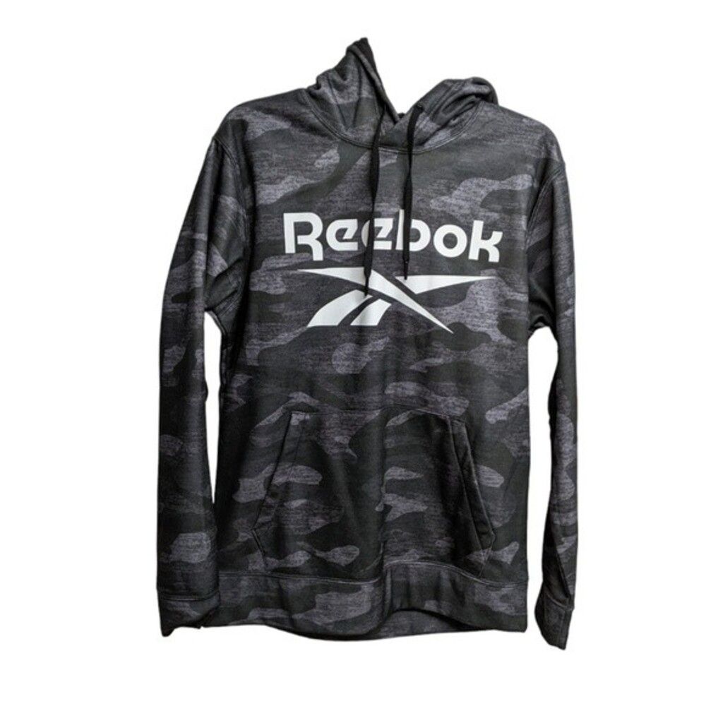 Reebok Hoodie Men Medium Long Sleeve Pullover Hooded Logo Sweater Gray Camo M